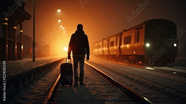 Fototapeta A lone traveler with a suitcase standing on a snow-covered train track at dusk, with a train in the background.