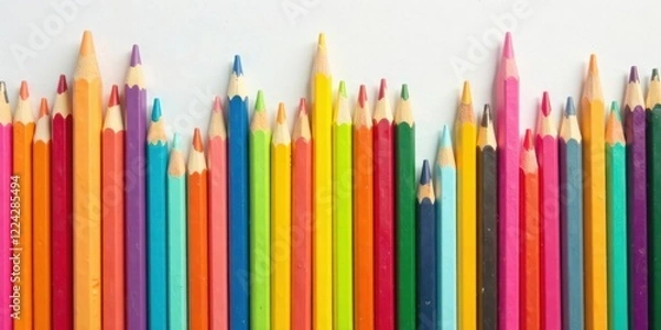 Fototapeta A vibrant collection of colored pencils arranged in a wave-like pattern against a white background, showcasing a spectrum of hues and shades, ideal for educational or creative projects.