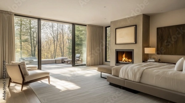 Fototapeta Modern bedroom with fireplace, large windows, and outdoor patio view creating a serene retreat