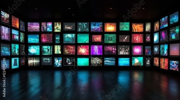 Fototapeta A wall showcasing various sized TVs with illuminated displays. 