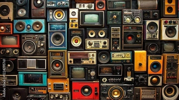 Fototapeta A nostalgic collection of 80s radio boomboxes on a vintage wall.
