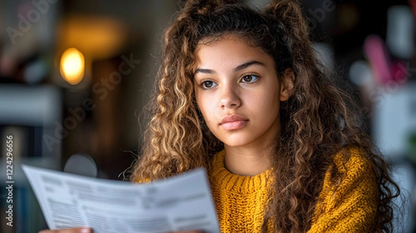 Obraz Thoughtful girl reading documents indoors