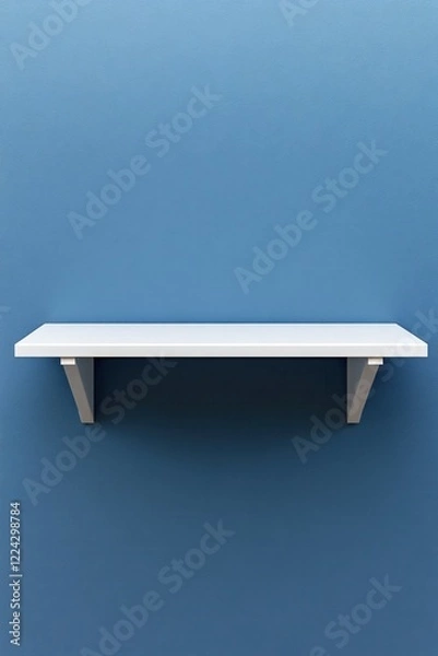 Fototapeta Minimalist white shelf on blue wall backdrop for product display or interior design concept