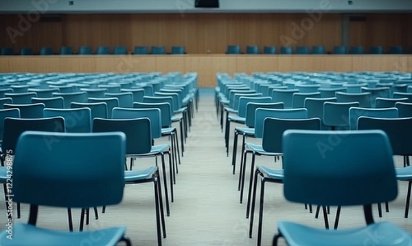 Fototapeta Empty auditorium with rows of blue chairs, stage, wood paneling
