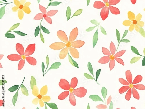 Fototapeta Watercolor floral pattern with red orange and yellow flowers and green leaves on white background