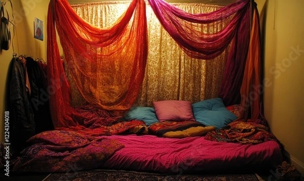 Obraz Cozy bohemian bedroom nook with colorful fabrics draped over a low bed, creating a relaxing and intimate atmosphere.