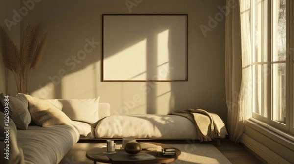 Fototapeta Warm sunlight illuminates a modern living room with a blank picture frame and sofa