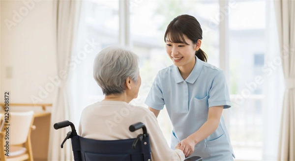 Fototapeta 車椅子のシニアの女性と介護士