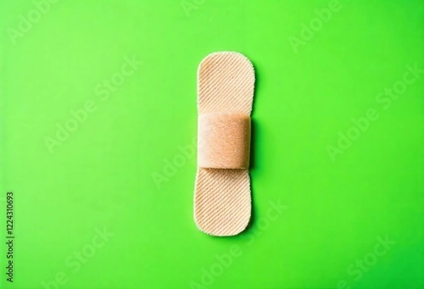 Fototapeta Close-up view of a beige fabric bandage on a bright green background. The minimalist, studio shot offers a clean, simple representation of first aid and healthcare, symbolizing healing, protection, an