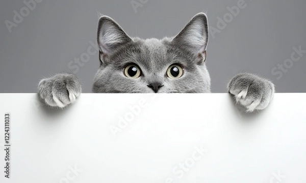 Fototapeta Gray cat peeking over blank white sign on gray background, ideal for adding custom text
