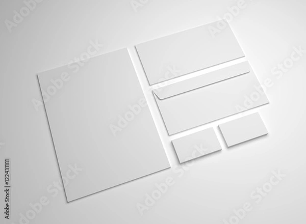 Fototapeta Blank 3d illustration mockup letter, business cards and envelopes.