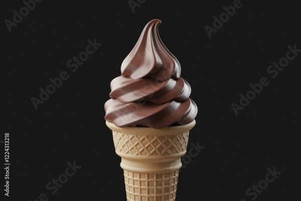 Fototapeta A Single Scoop of Chocolate Soft Serve Ice Cream in a Waffle Cone Against a Plain Black Background