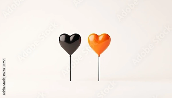 Obraz Two heart-shaped balloons in black and orange colors on thin sticks against a plain background