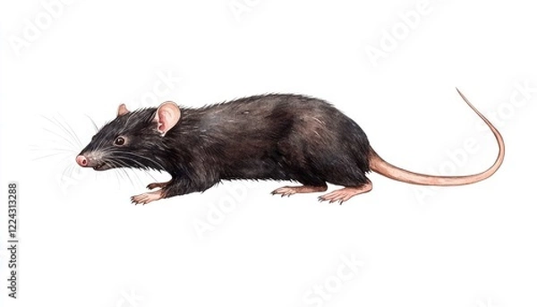 Obraz Realistic illustration of a black rodent in a dynamic pose on a white background, showcasing its anatomy