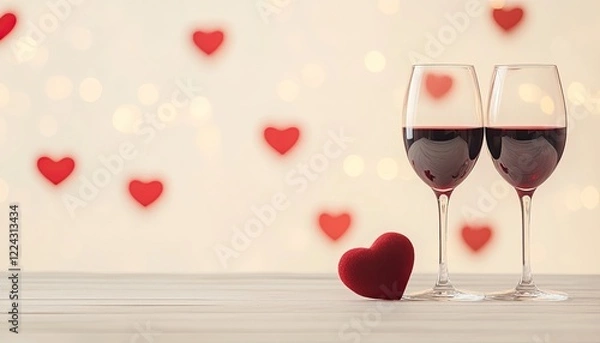 Obraz Romantic setting with two glasses of red wine and a heart-shaped decoration on a table