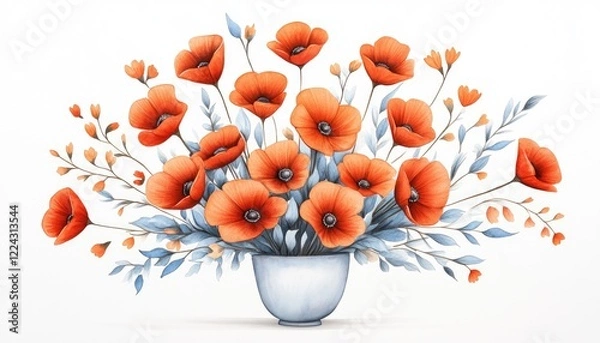 Obraz Vibrant bouquet of orange poppies in a decorative vase with blue leaves against a plain background