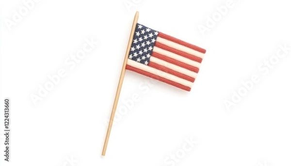 Obraz Small American flag on a wooden stick, isolated on a white background, ideal for patriotic themes