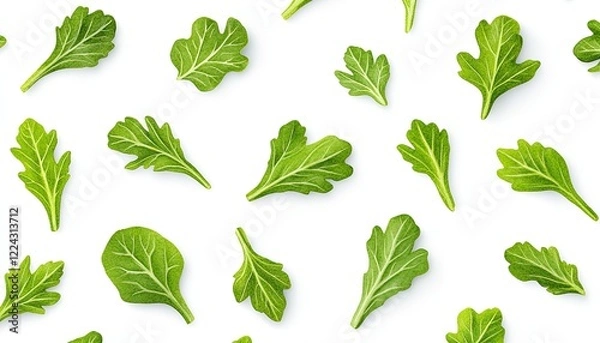 Obraz Fresh green arugula leaves scattered on a white background, ideal for culinary presentations