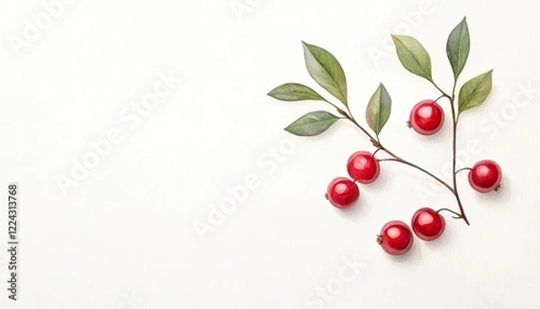 Obraz Fresh red berries with green leaves arranged on a clean white background for culinary use