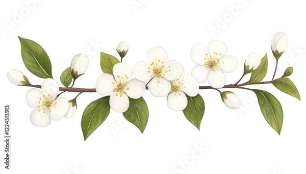 Obraz Delicate white blossoms on a branch with green leaves, symbolizing spring and renewal