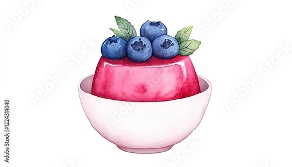 Obraz A vibrant dessert featuring a glossy berry jelly topped with fresh blueberries and mint leaves