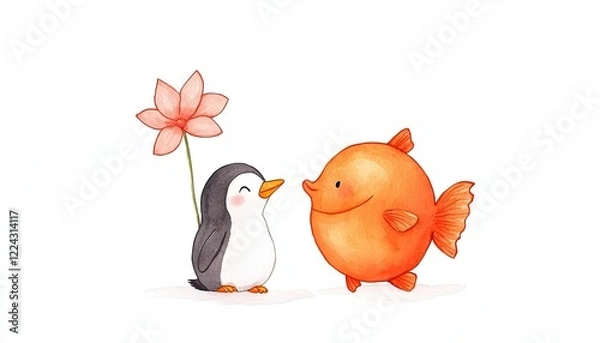 Obraz Cute illustration of a penguin and a goldfish sharing a flower in a whimsical, colorful setting