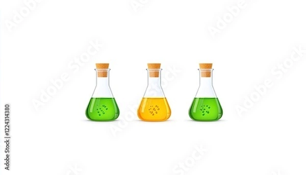 Obraz Three laboratory flasks filled with colorful liquids, showcasing chemical reactions in a clean setting