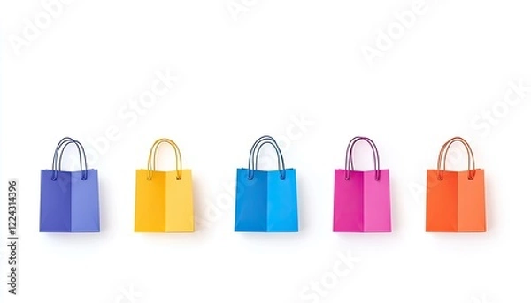 Obraz Colorful shopping bags arranged in a line on a white background, symbolizing retail and consumerism