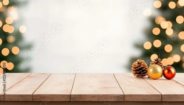 Obraz Festive wooden table with pinecones and ornaments, set against a blurred Christmas tree backdrop