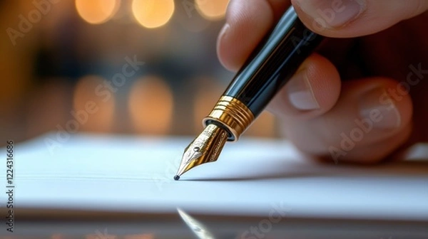 Obraz Close up shot of an elegant golden fountain pen writing on a white paper sheet