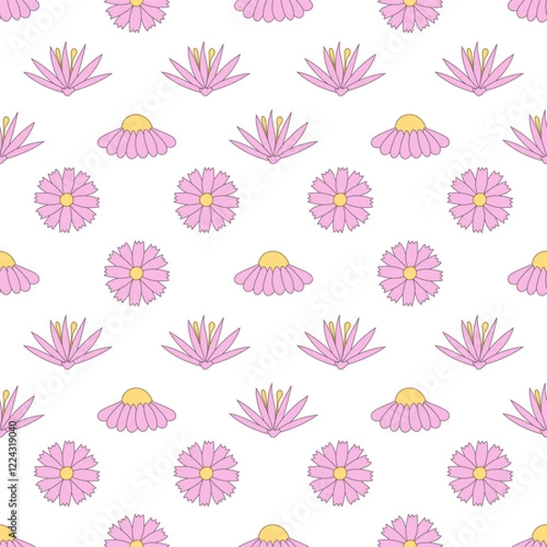 Fototapeta Seamless square pattern with flowers. Baby cute endless background on changeable white background. Pink girly pattern for clothes, wrapping paper, printing.