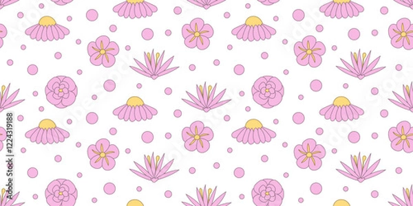 Fototapeta Seamless horizontal pattern with flowers and circles. Baby cute endless background on changeable white back. Pink girly pattern for clothes, wrapping paper, printing.