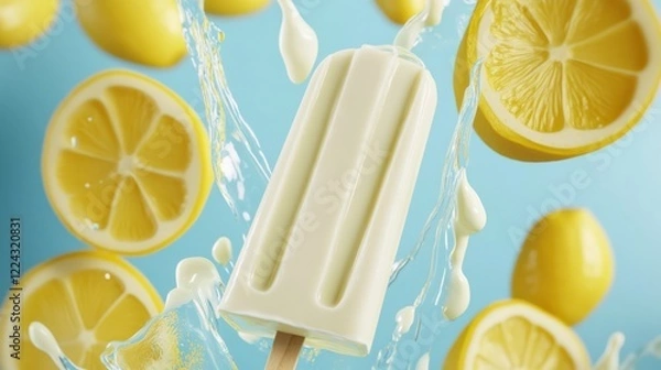 Fototapeta Vibrant lemon yogurt popsicle with dripping yogurt and lemon slices