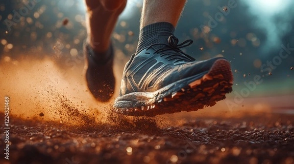 Obraz Close up of running shoes kicking up dirt while exercising outdoors for fitness
