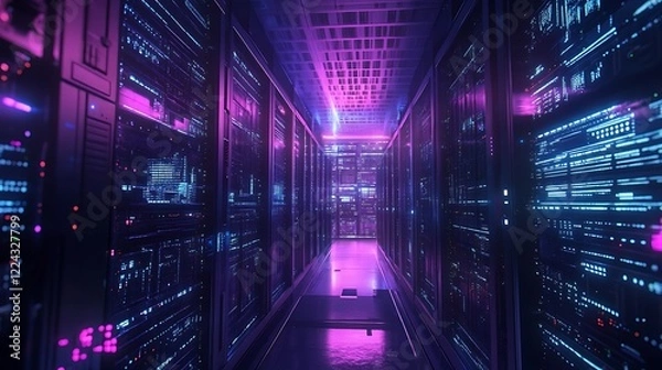 Fototapeta Neon Server Room: A Digital Metropolis