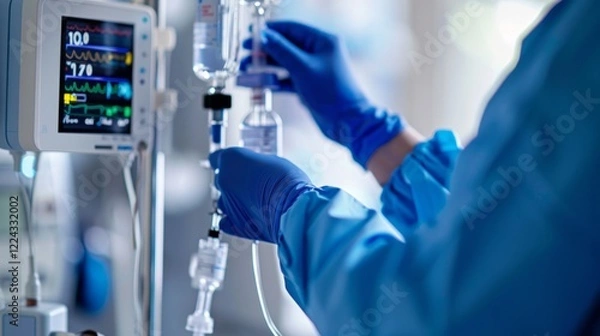 Fototapeta Close-up of a doctor's gloved hands adjusting an IV drip in a sterile hospital room. AI generative. .