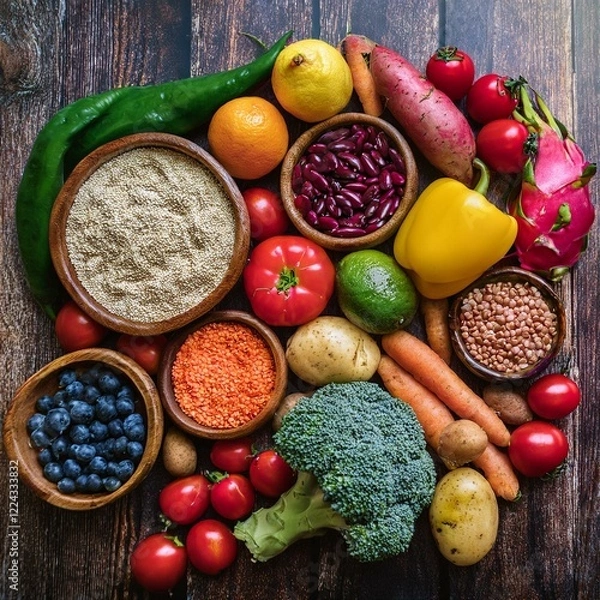 Fototapeta A vibrant top-down view of fresh fruits, vegetables, and legumes arranged on a rustic wooden table. The composition includes red and yellow bell peppers, cherry tomatoes, broccoli, dragon fruit, citru