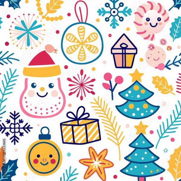 Fototapeta Festive Christmas seamless pattern with cute ornaments, snowflakes, and gifts.