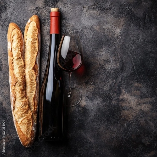 Fototapeta Wine bottle and glass with two baguettes on dark textured surface still life photography
