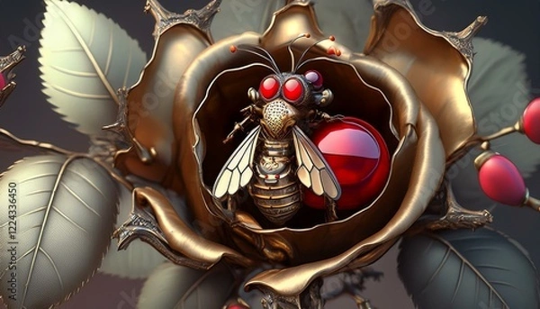 Fototapeta "The Ruby-Eyed Steampunk Honeybee: A Metallic Rose in Peril"