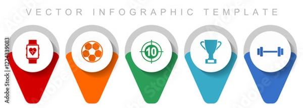 Fototapeta Sport pointer collection, miscellaneous icons such as smartwatch, football, darts, cup and fitness, flat design vector infographic template in eps 10