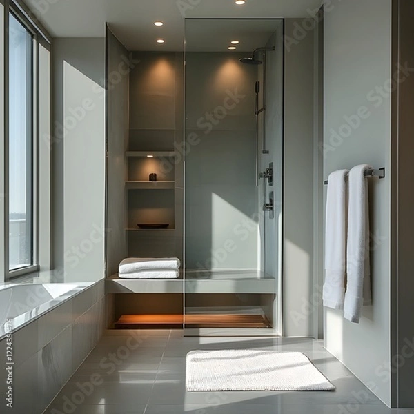 Fototapeta A minimalist bathroom with seamless glass shower doors and a recessed shelf.