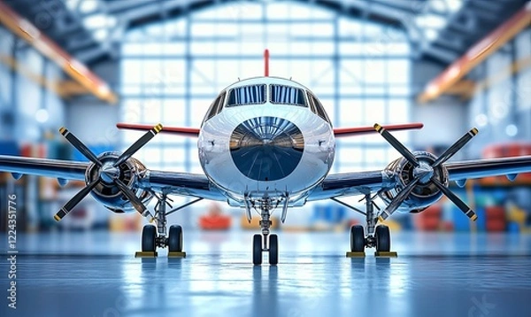 Fototapeta Propeller plane in hangar, front view, ready for takeoff, aviation background