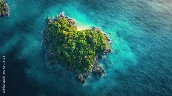 Fototapeta Aerial shot of a tropical green island in the middle of the ocean, with pristine beaches and clear, inviting waters.