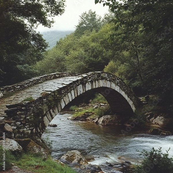 Fototapeta Ancient stone arch bridge over a flowing river in a lush forest.