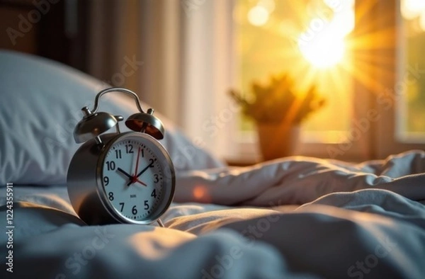 Fototapeta A digital alarm clock on a bedside table, displaying the shift in time as the sunlight peeks through the curtains, signaling the start of longer days. Daylight saving time concept