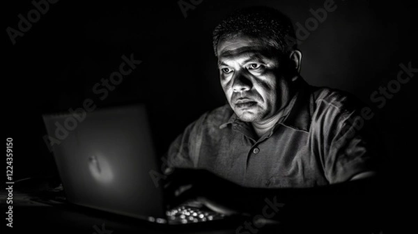 Fototapeta Moody Industrial Office Vibes Determined Asian Entrepreneur at Laptop Under Dim Light - Nighttime Productivity Boost for Urban Business Growth in Tech and Digital Sphere