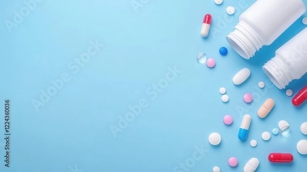 Fototapeta Colorful Variety of Pills and Capsules with Open Medicine Bottles on Blue Background