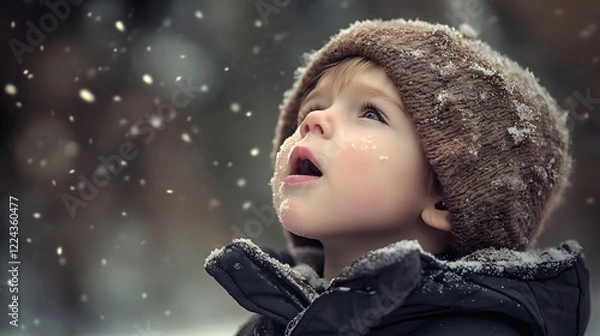 Fototapeta Child looking up at falling snow.