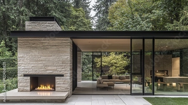 Fototapeta Modern single-story home blending seamlessly with nature in a serene forest setting